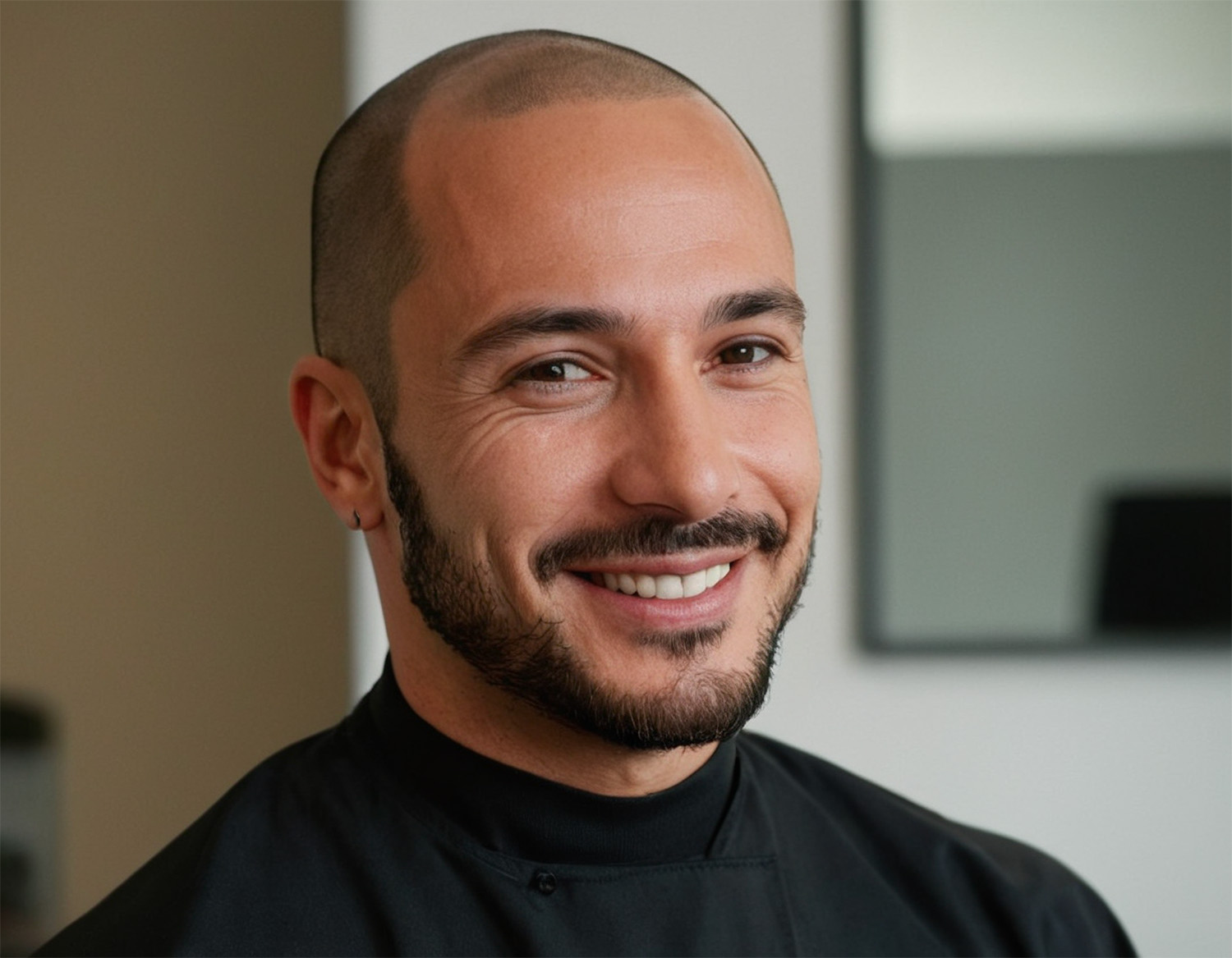 Esperto di tricopigmentazione sorridente dopo un trattamento professionale.