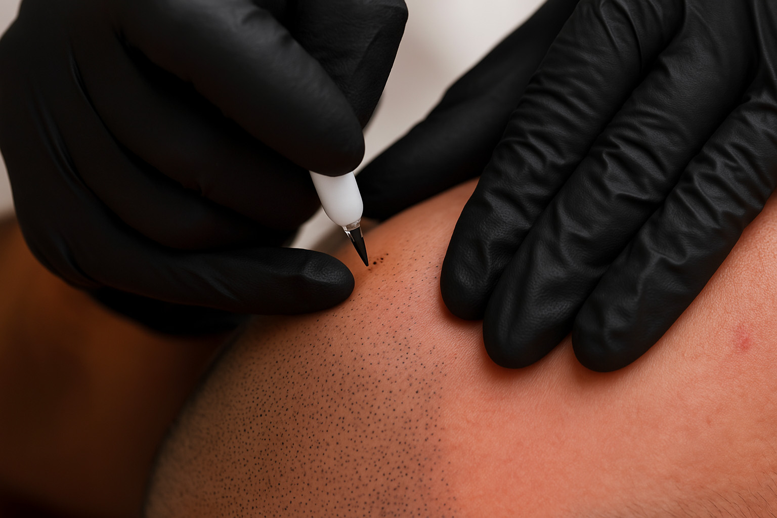 Operatore esegue mantenimento tricopigmentazione con precisione.